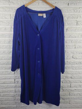 Soft Focus Women's Robe Size 3X Blue Velour Button Up V-Neck Long Sleeve HNGE